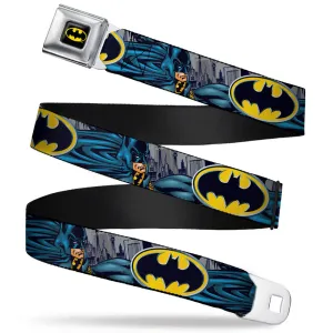 Batman Full Color Black Yellow Seatbelt Belt - Batman Bold Power Pose/Logo/Skyline Grays/Black Webbing