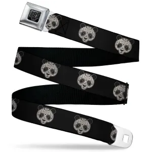 BD Wings Logo CLOSE-UP Black/Silver Seatbelt Belt - Panda Bear Sugar Skull Black/Cream Webbing