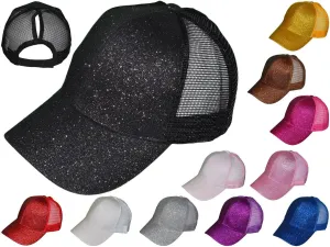 Glitter Ponytail Trucker Hats - Low Profile Structured Mesh