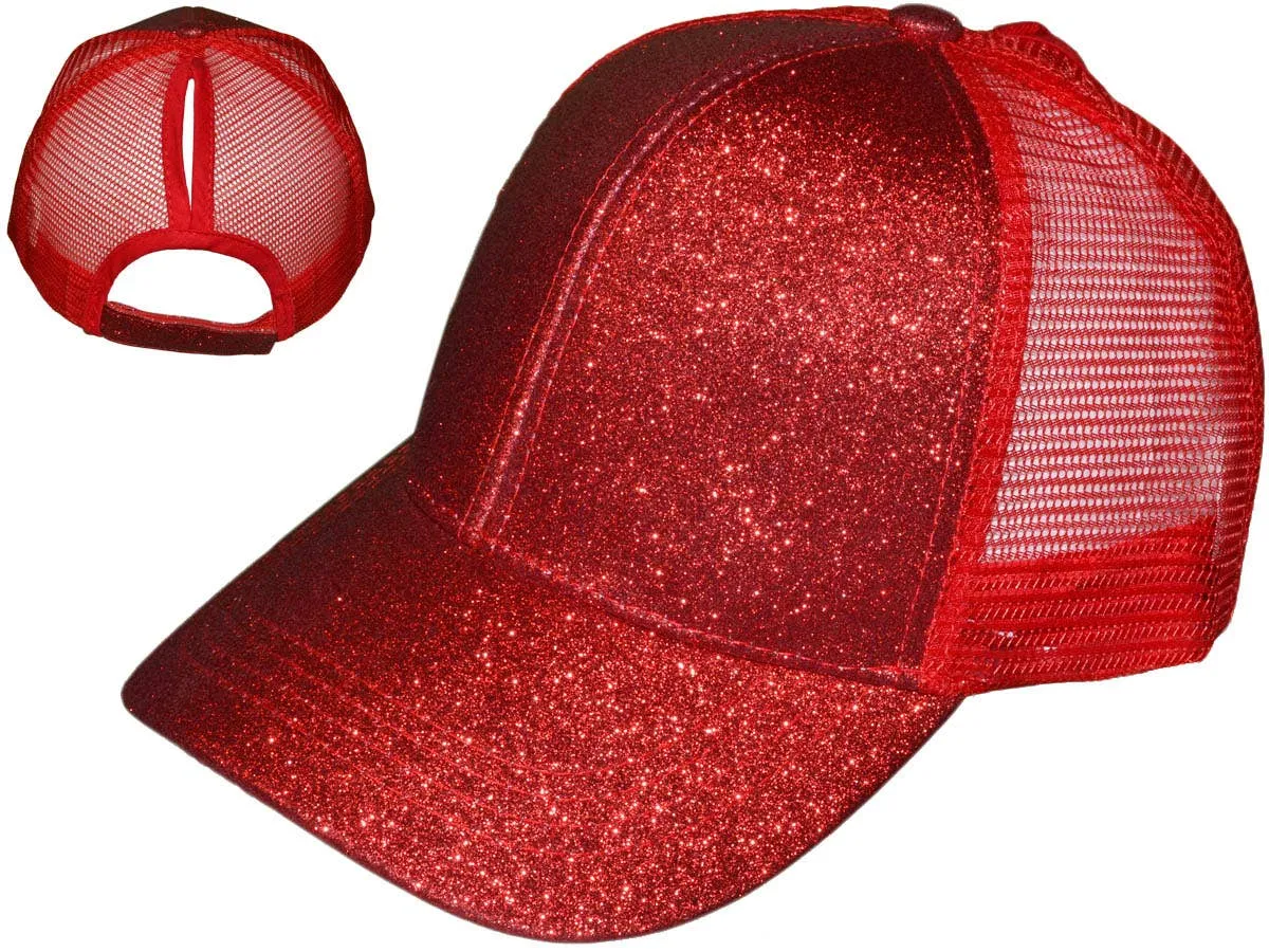 Glitter Ponytail Trucker Hats - Low Profile Structured Mesh