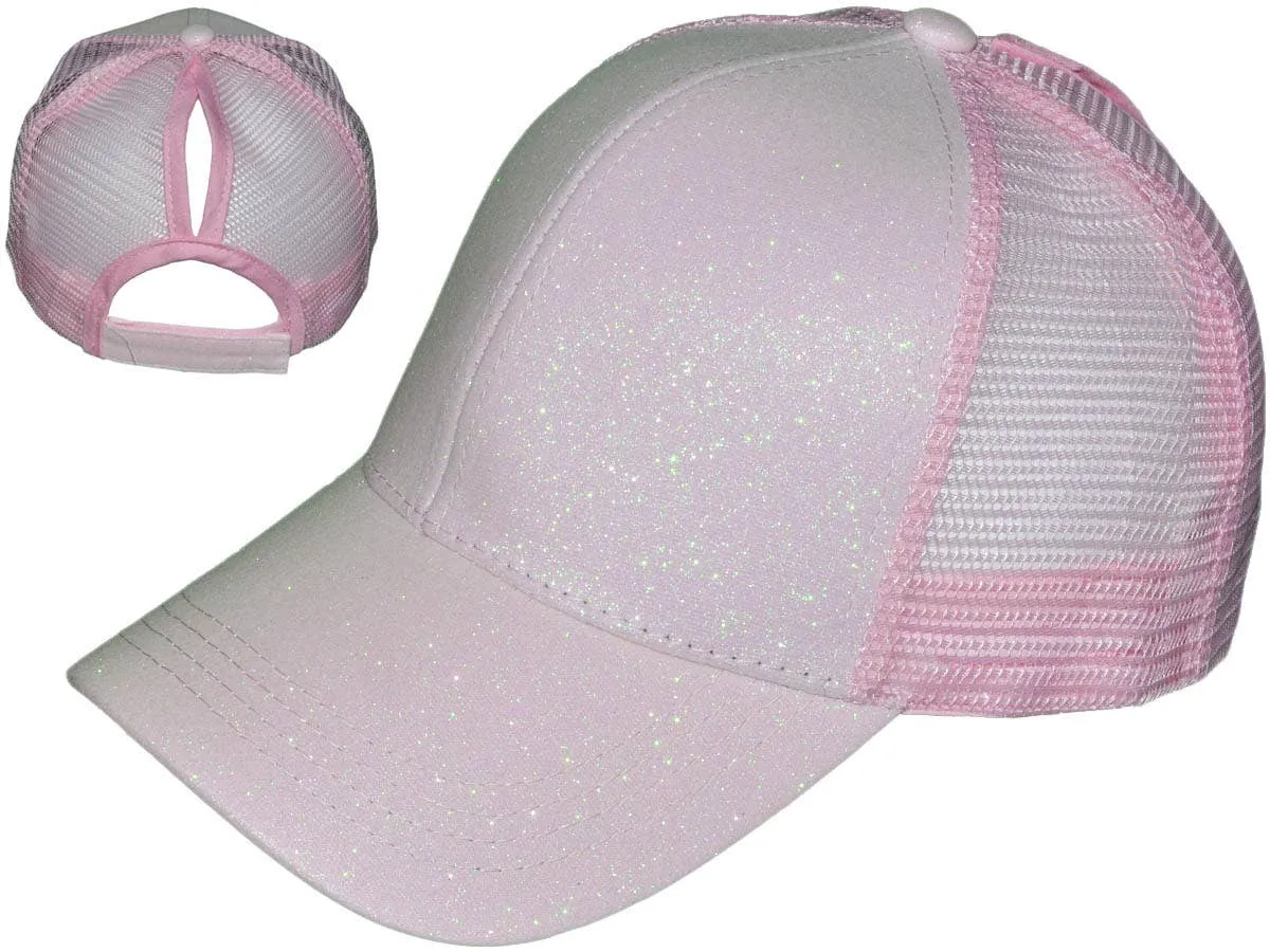 Glitter Ponytail Trucker Hats - Low Profile Structured Mesh